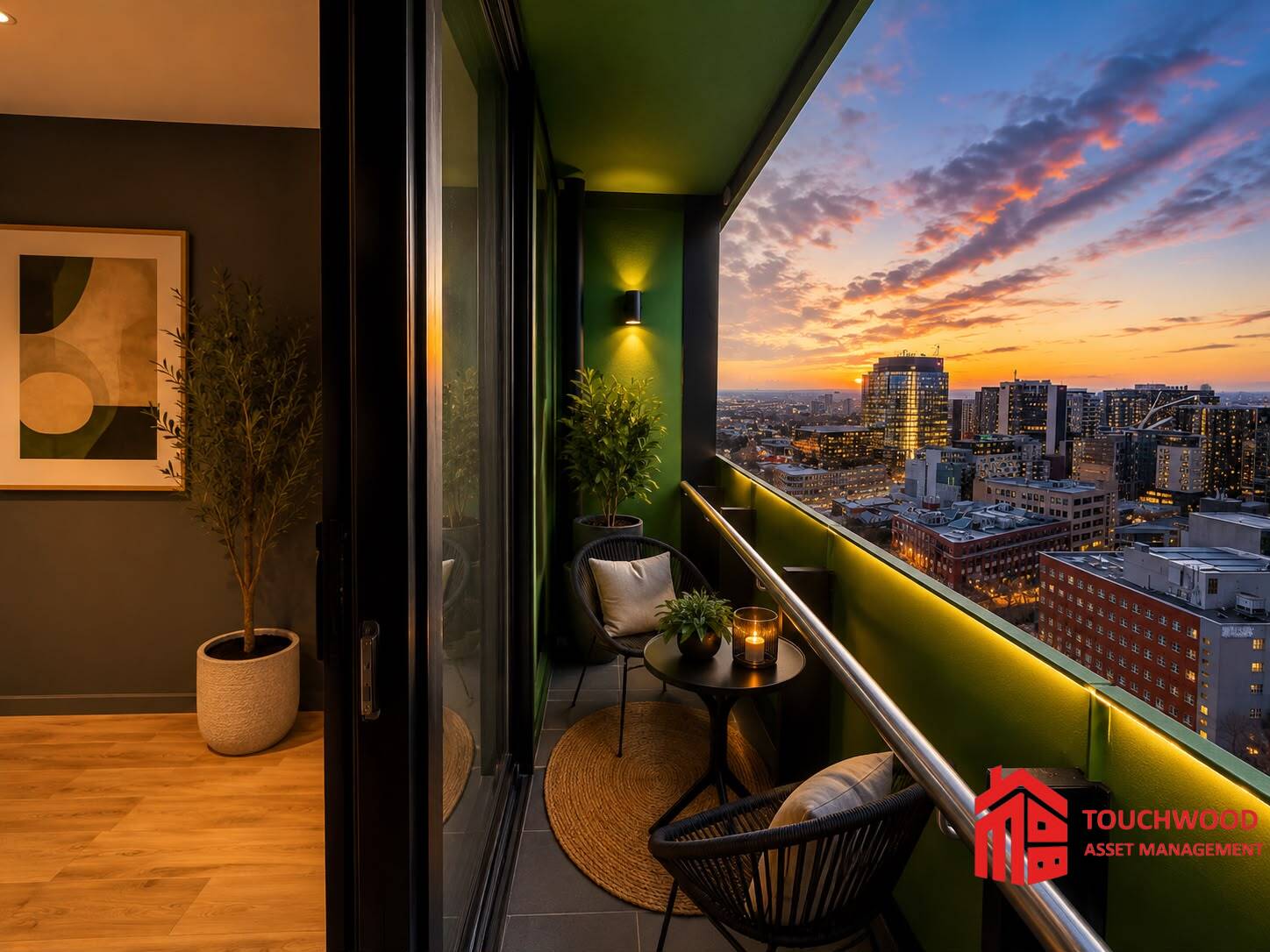 Balcony with city views at 2002/555 Swanston Street, Carlton