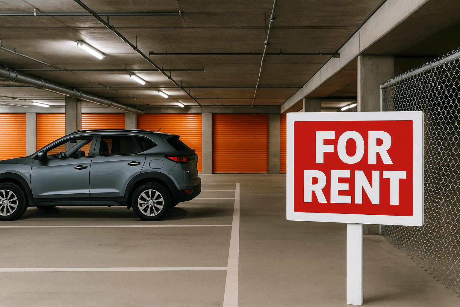 Secure car park space with orange roller door