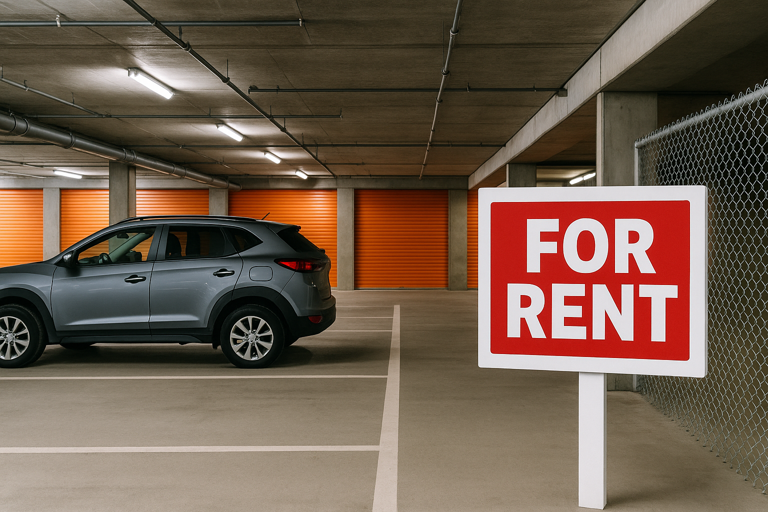 Secure car park space with orange roller door